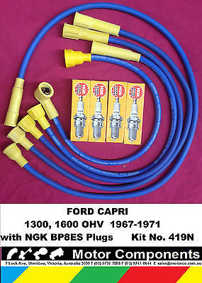 SPARK PLUG & LEAD SET FORD CAPRI 4CYL 1300, 1500, 1600 NGK BP8ES Kit No. 419N