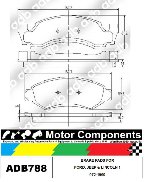 BRAKE PADS ADB788 TO SUIT FORD, JEEP & LINCOLN 1972-1990