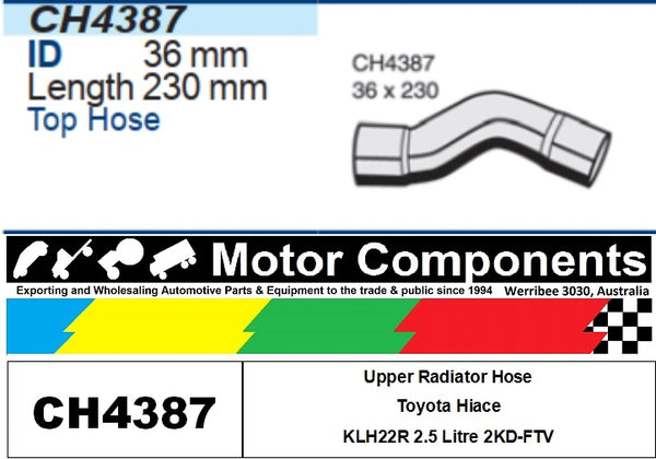 Upper Radiator Hose CH4387 FOR Toyota Hiace KLH22R 2.5 Litre 2KD-FTV